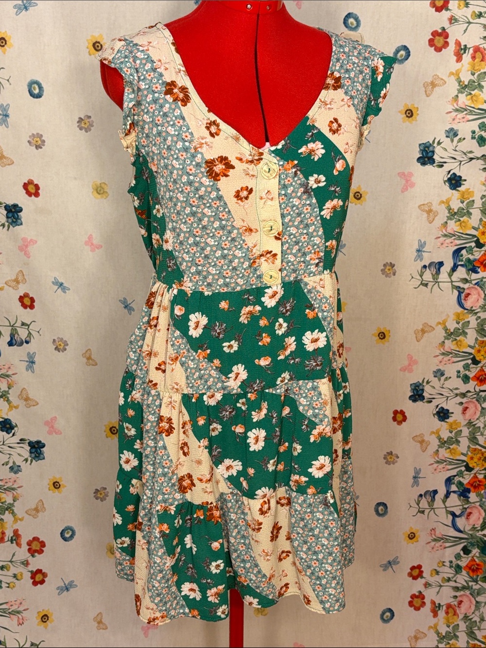 Day to Day - Green Floral Patchwork Tiered Mini Dress with Button Front